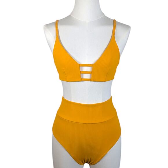 Montce Other - Montce Orange Ribbed High Waist Bikini Bottom Ladder Bra Top Set Women’s Small